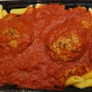 Mostaccioli and meatballs to go