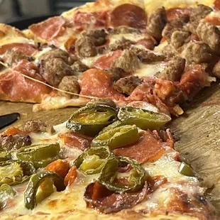 Half and half pizza..  amazing tasting crust, friendly service and great prices.