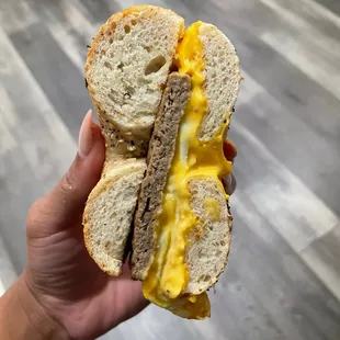 Turkey Sausage, Egg Cheese on a whole-wheat bagel