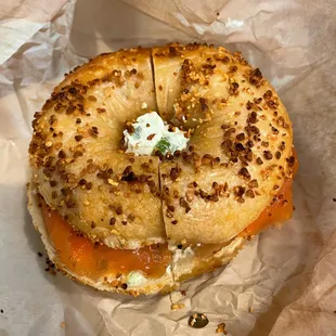 Garlic bagel, lox, jalapeño cream cheese