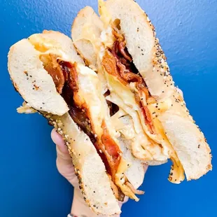 a hand holding a sandwich