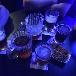 a variety of beers on a table