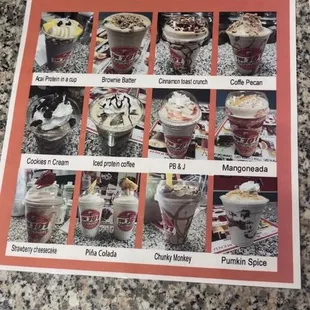 a menu for a variety of desserts