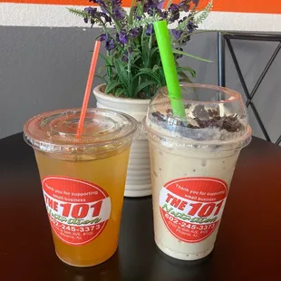 Mango tea and Oreo cookie protein shake