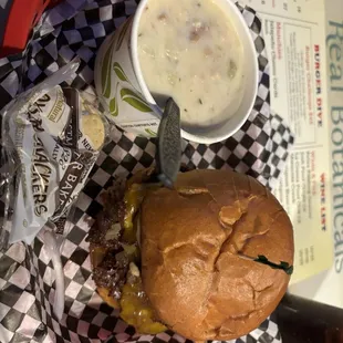 Clam chowder + onion burger.  Delicious lunch.