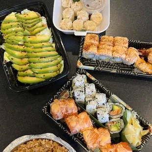 a variety of sushi dishes