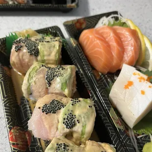 Sushi rolls and salmon