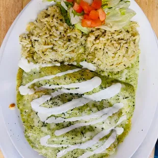 Cilantro Chicken Enchiladas with rice