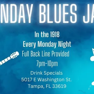 a poster for monday blues jam