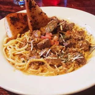 Cajun sirloin tip pasta but of course I added their chorizo which is not greasy and has a good spiciness to it!