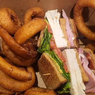 Club Sandwich w/ lots of onion rings