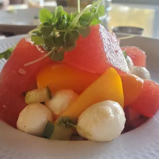 Watermelon caprese with heirloom tomatoes - delish!