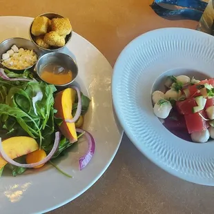 New summer menu items! Steak salad with peaches(left), Heirloom caprese with watermelon(right)