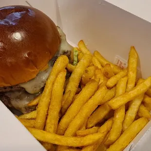 Double stack burger w/ crispy fries - barely fit in the box!