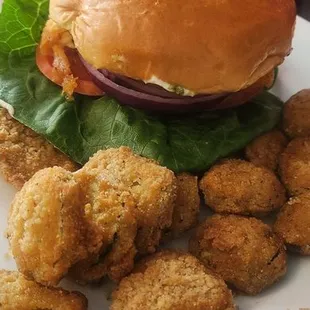 Salmon sandwich with fried pickles
