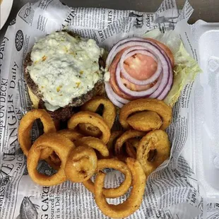 Black and Blue Burger w/ Onion Rings (to go)