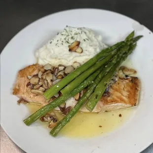 411 Salmon Dinner w/ Almond Glaze - Served with mashed potatoes &amp; asparagus