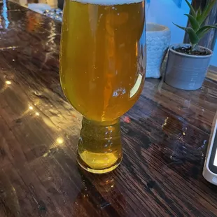 a glass of beer on a bar