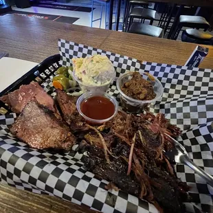 2 meat plate. Brisket, tri tip, best potato salad and beans! Like $13. Seriously