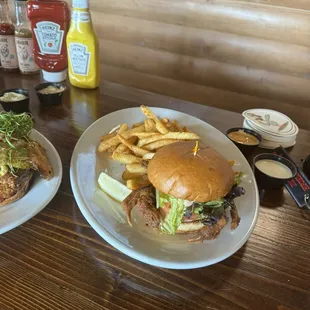 Sand point soft shell sandwich and fries