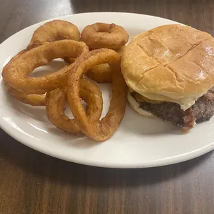 Bacon cheeseburger and onion rings