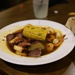 Sausage, shrimp, and potato with corn