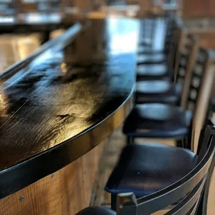 a row of chairs at a bar