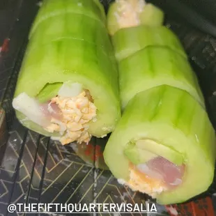 This is a special type of keto friendly sushi called the aloha roll or the cucumber roll. No rice, less carbs.