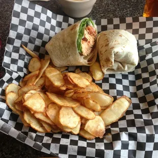 Salmon BLT wrap with home made potato chips