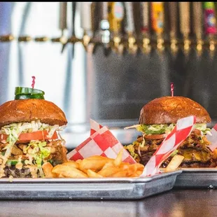 two burgers and fries