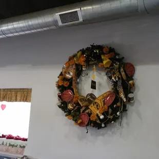 A wreath with a local college sports theme, very clever
