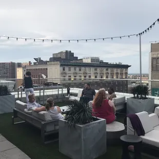 a group of people sitting on the roof of a building