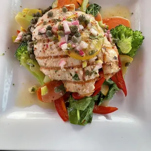 Lemon chicken over roasted vegetables.