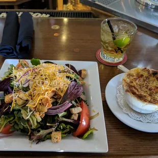 House salad, and soup of the day (French onion.)