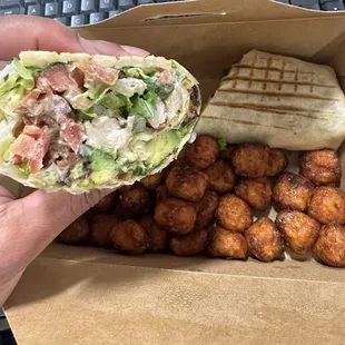 Grilled chicken wrap w/ Sweet Potato Tots