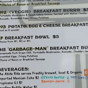a menu for breakfast