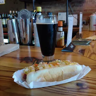 A stout and a hot dog with kimchi, chili, and cheese - second year in a row - this is becoming a 4th of July tradition.