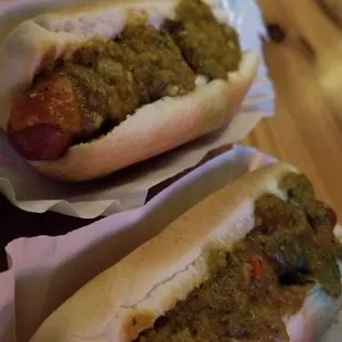 Hot Dogs with Spicy Green Chili