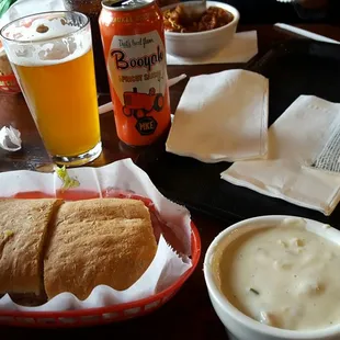 a sandwich, soup, and beer