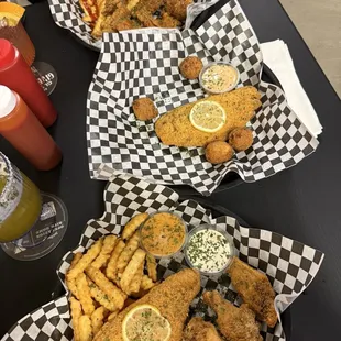 Catfish , Fries, ranch wings , friend ribs