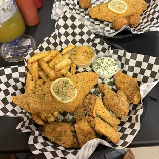 Catfish , Fries, ranch wings