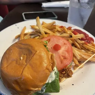 Fried chicken sandwich with shoestring fries.