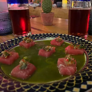 Ahi Tuna con Agua Chile.   Ambiance and Music was chill. Staff was Awesome very attentive.