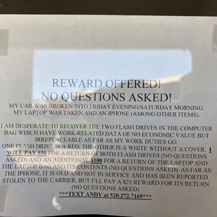 Seen posted in the laundry room. A persons attempt to get back their stolen property. Very sad...