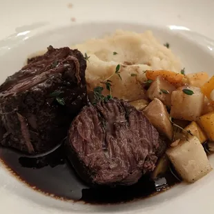 Short ribs. 4 out of 5. Veggies were a bit bitter.