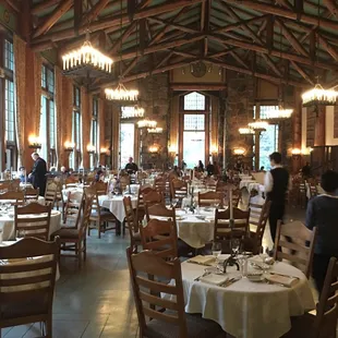 The dining room is large and has a dress code