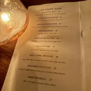 Sampling of cocktail menu