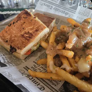 Chicken pesto panini, upgrade to poutine fries