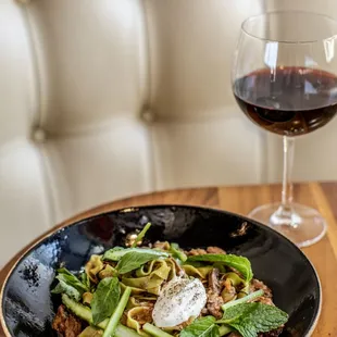 MINT FETTUCCINE ~ 
lamb sugo ~ eggplant ~ basil ~ smoked ricotta