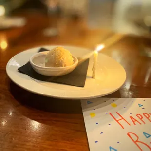 Happy Birthday surprise. Not sure what flavor the was. But it tasted like coconut. Sweet handwritten note from the chef.